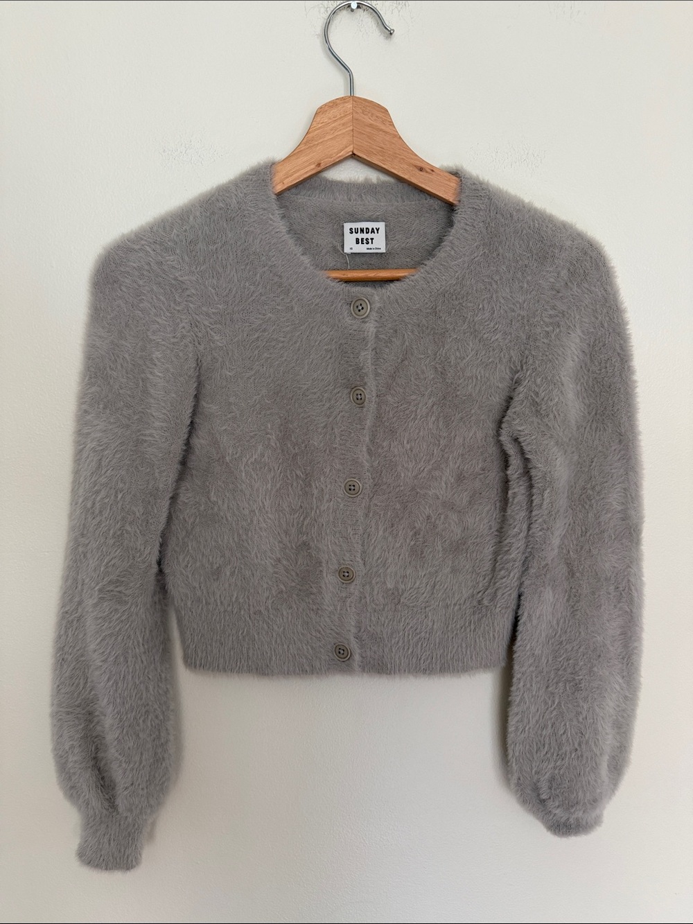 Sunday Best Carmen Fluffy Fuzzy Crewneck Cardigan Sweater Opal Gray XS - Picture 2 of 7